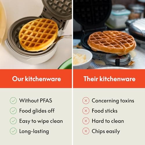 bella Snack-n-Store Mini Waffle Maker, EverGood™ Ceramic Nonstick Coating, Cord Wrap, Ready Indicator Light & Cool Touch Handles, Stackable Design & Customizable Plates, 350 Watt, Oatmilk 7