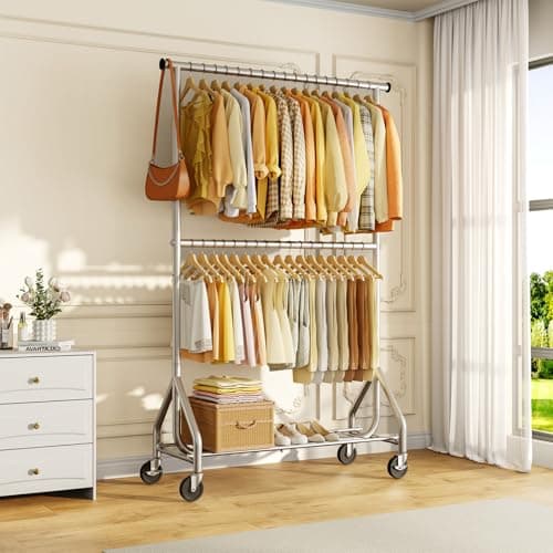HYSEYY Heavy Duty Clothes Rack, Double Rod Clothing Rack for Hanging Clothes, Rolling Garment Rack, Adjustable Freestanding Wardrobe Closet Coat Rack for Bedroom Laundry Living Room, Silver 8