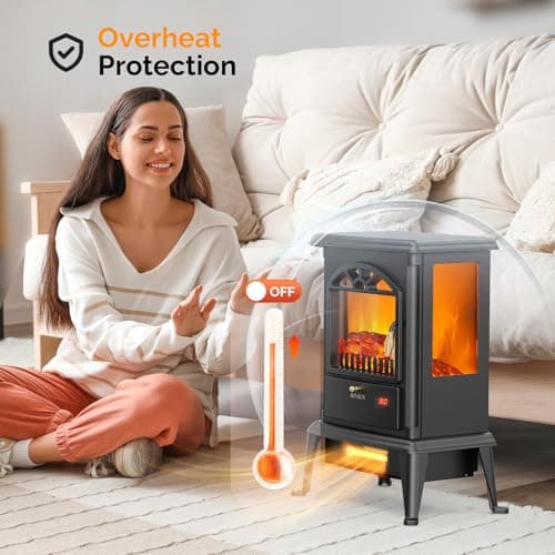 ROVSUN 1500W Electric Fireplace Stove, 22.4" H Freestanding Heater w/Remote, Timer, 7 Realistic Flame Colors & 4 Brightness, Adjustable Temp, Overheat & Tip-Over Protection for Bedroom, ETL 5