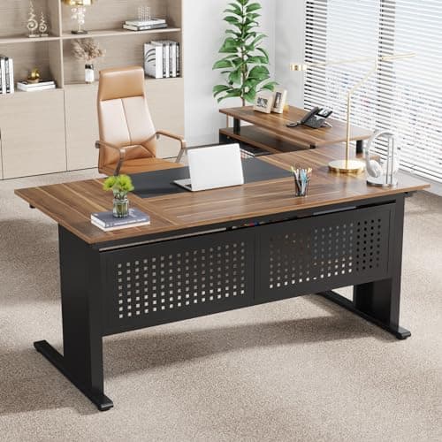 Tribesigns 63 Inch Executive Desk with File Cabinet, Large Office Desk L Shaped Computer Desk with Drawers and Storage Shelves, Business Furniture Desk Workstation for Home Office, Brown and Black 6