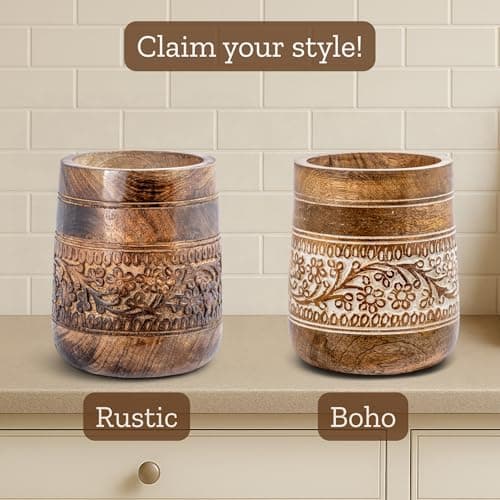 Mie Creations Farmhouse 7'' Large Utensil Holder for Kitchen Counter | Handcrafted Wooden Utensils Crock Cooking Spatula Organizer | Elegant Floral Utensil Caddy, Christmas Thanksgiving Decor- White 5