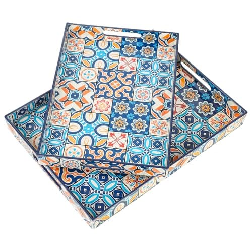 SLIVOUS Set of 2 Serving Trays with Handles, Boho Decorative Trays for Home Decor, Plastic Coffee Table Trays for Living Room, Ottoman, Bathroom (Blue)