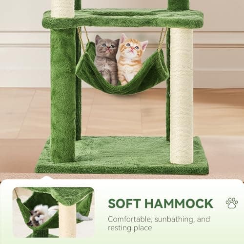 TSCOMON 61" Cat Tree for with Green Leaves, Multi-Level Large Cat Tower with Hammock, Plush Cat House with Hang Ball Toy and Sisal Scratching Posts Furniture, Green 6