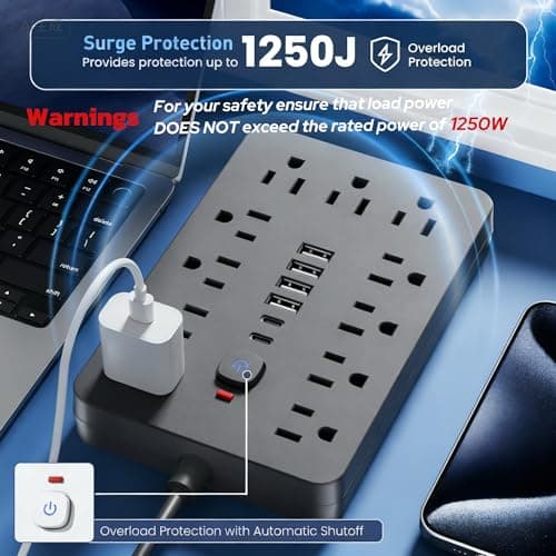 JouleLoom 6 FT Flat Plug Surge Protector Power Strip,11 Multiple AC Outlets with 6 USB Ports (2 USB C), 6 Feet Extension Cord, 1250W/10A, One Touch Switch Button, 17 in 1 Compact powerstrip 8