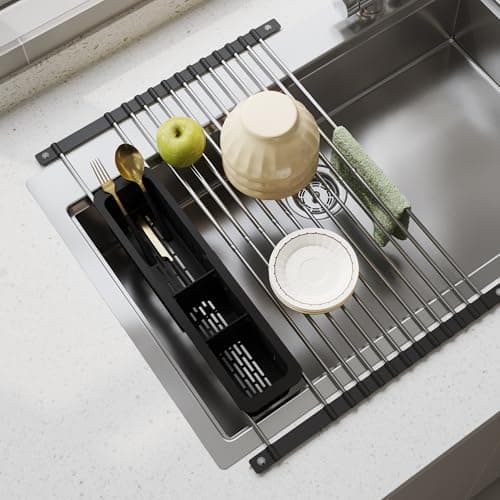 Yofidra Expandable Roll-Up Dish Drying Rack (Up to 19.6") with Expandable Storage Basket, Over-The-Sink Dish Drainer Drying Rack, Foldable Stainless Steel Kitchen Drainer - Black 8
