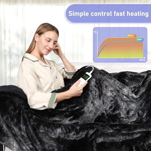Cushious Electric Heated Blanket Queen 84''x90''Size Faux Fur Heating Blanket 10 Heating Settings, 1-8h Timer & Overheat Protection, Machine Washable, Soft Flannel and Sherpa Full Body Warmth 6