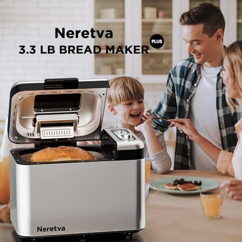 Neretva Bread Maker, 3.3LB Larger Bread Machine 15-in-1 Stainless Steel & Nonstick Ceramic Pan & Auto Nut Dispenser Breadmaker Machines Full Touch Panel with Gluten Free White Wheat Rye French Pizza 6