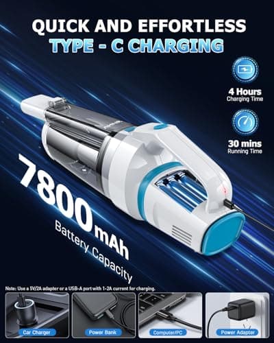 AHNR Handheld Vacuum Cordless, 16000PA Powerful Suction Hand Held Vacuum Dust Busters Cordless Rechargeable with LED Light & 2 HEPA Filters, Portable Car Vacuum Cleaner High Power for Car Home Office 6