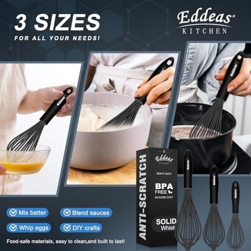 Whisks For Cooking - 500 °F Heat Resistant Silicone Whisk, Heavy Duty 7",9"&11inch Non-Scratch Balloon Kitchen Wisk tool Set, for cooking Wisking, Blending, Beating, Stirring, 3 Piece Black 6