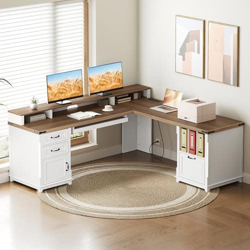 RALGEND Farmhouse 69" Executive L Shaped Desk with Drawer, Home Office Desk with Charging Station, Corner Computer Desk with Monitor Stand, File Drawer, Storage Cabinet, White and Walnut 8