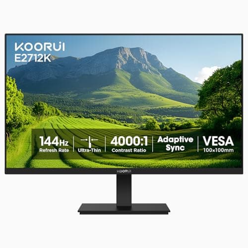KOORUI 27 Inch Gaming Office Monitor 144Hz VA Display 4000:1 Contrast Ratio, FreeSync FHD 1080P, Eye Care TÜV Rheinland Certified, Slim Bezels, HDMI VGA Ports, Ergonomic Tilt, VESA Mount, Black