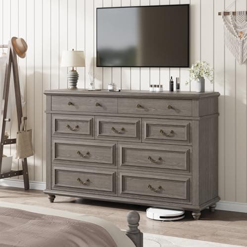 Jocoevol Farmhouse Dresser for Bedroom 9 Drawer Dresser with Deep Drawers, Large Grey Big Double Wooden Chest of Drawers for Living Room, Hallway (Grey, 9 Drawer) 6