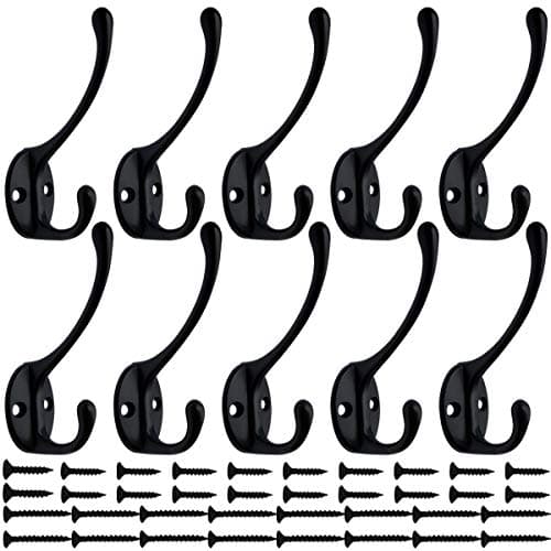 IBosins 10 Pack Dual Coat Hooks Wall Mounted with 40 Screws Retro Double Hooks Utility Black No Rust Hooks for Coat, Scarf, Bag, Towel, Key, Cap, Cup, Hat (Black)