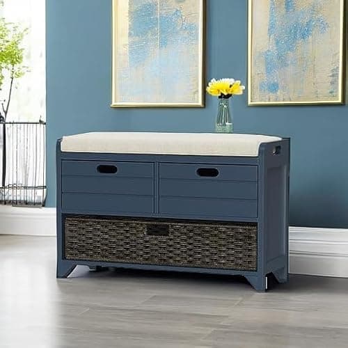 LOVMOR 32" Storage Bench with Removable Basket and 2 Drawers, Navy Wooden Entryway Bench with 250 lbs Weight Capacity 8