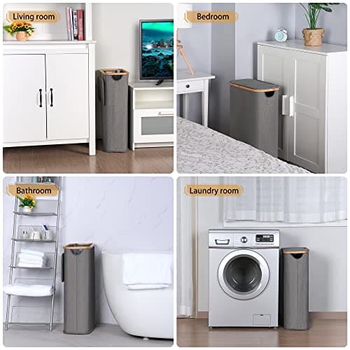 iEGrow 65L Slim Laundry Hamper, Narrow Laundry Basket with Lid,Foldable Clothes Hamper with Bamboo Handles,Hamper Basket with Removable Inner Bag for Laundry Room Bedroom College Dorm,17.17 Gals Grey 6
