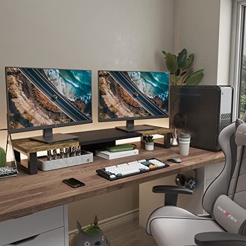 WESTREE Dual Monitor Stand Riser, Wood and Steel Multi-Purpose Desktop Storage Stand for 2 Monitors for Computer, Laptop, Printer, TV, Rustic Brown 5
