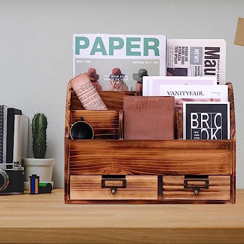 JINHYUMY Wooden Desk Organizer Pencil Holder Cosmetic Storage Desk Box Home Office Art Supplies with 2 Drawer and Compartments 8