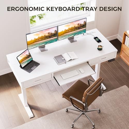 AODK Electric Standing Desk with Drawers & Keyboard Tray, 55 Inch Height Adjustable Desk with Power Outlets, Sit Stand Table, Writing Computer Desk for Home, Office, Workstation, White 5