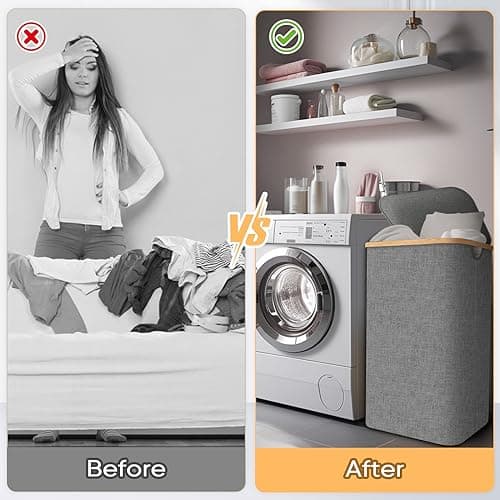 BALEINE Laundry Hamper with Lid, Tall Laundry Baskets with Bamboo Pull Handles, Large Laundry Bin with Internal Support (26 Gal/100L, Grey) 7