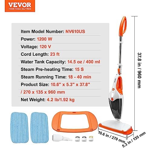 VEVOR Steam Mop, 5-in-1 Hard Wood Floor Cleaner with 4 Replaceable Brush Heads, for Various Hard Floors, Like Ceramic, Granite, Marble, Linoleum, Natural Floor Mop with 2 pcs Machine Washable Pads 7