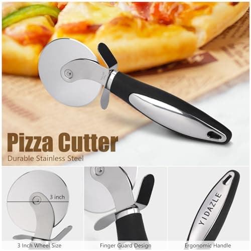 YIDAZLE Pizza Pan for Oven (2 PACK), Pizza Baking Trays with Pizza Cutter, Non-Stick Pizza Baking Pan with Perforated Holes and Silicone Handle, Oven & Dishwasher Safe Carbon Steel 5