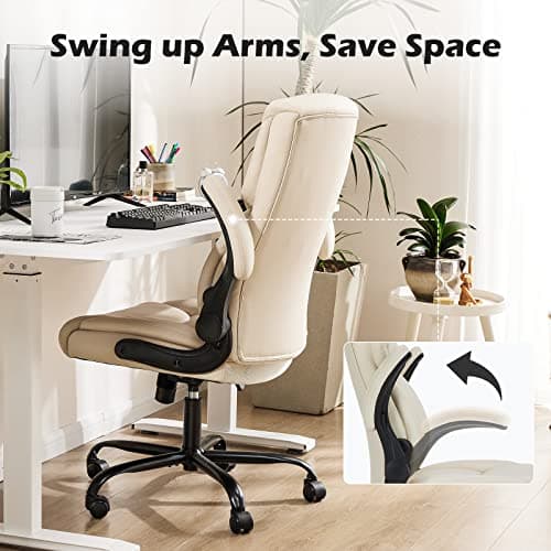 DUMOS Office Chair - Ergonomic Executive Computer Desk Chairs with Adjustable Flip-up Armrest, Swivel Task Chair with Lumbar Support, Strong Metal Base, PU Leather, Cream White 5