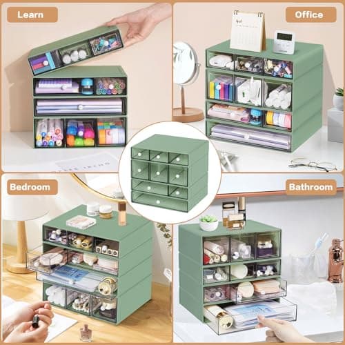 FODIENS Desk Storage Organizer with 9 Drawers, 4 Tiers Stackable Desktop Craft Storage Drawers, Clear Storage Box Caddy for Stationary Makeup Jewelry Office Craft Supplies (Green) 7