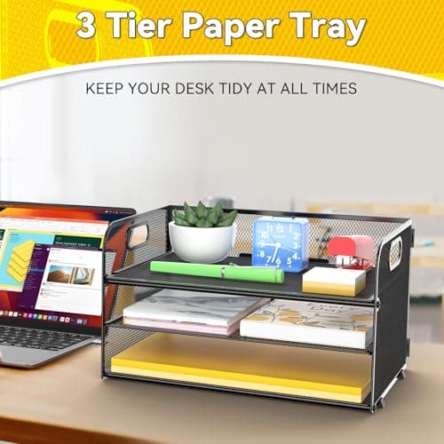 MINDEPOT 3 Tier Paper Organizer Tray with Handle, Mesh Letter Tray for Office, Home, School (1 Pack), Black 5