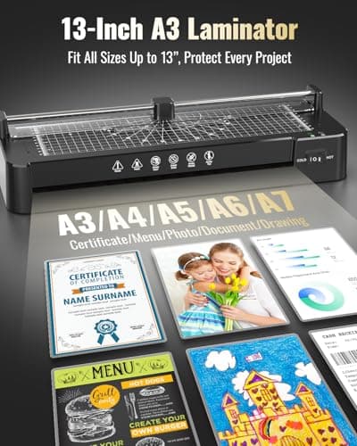 13in Laminator Machine with Sheets 50pcs + Paper Trimmer + Corner Rounder, 11x17 / ABS Anti-Jam Technology |Dual Hot and Cold Mode | 90s Fast Preheat for A3/A4/A5/A6 Home Office School Use 7