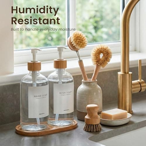 MaisoNovo Glass Dish Soap Dispenser for Kitchen Set of 2-16.9oz Clear Dish and Hand Soap Dispenser Set for Kitchen - Clear Glass Bottles x 2 with White Bamboo Pumps & Tray 9