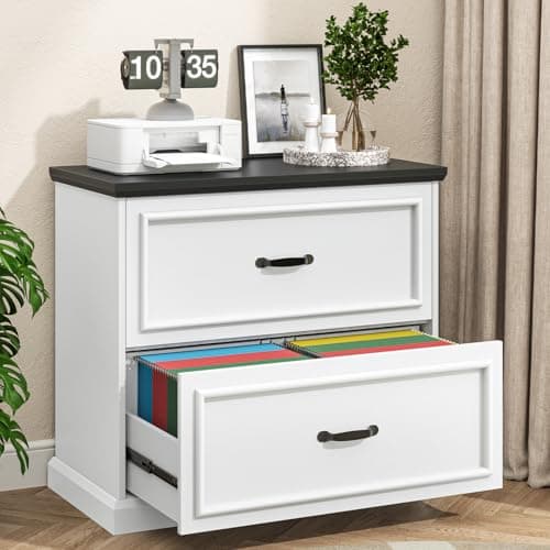 Halitaa 2 Drawer File Cabinet, Farmhouse Lateral Filing Cabinet for Letter/A4/F4/Legal Size Hanging Files, Large Wood File Storage Cabinets Printer Stand for Home Office, White and Black
