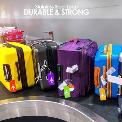 8 Pack Silicone Luggage Tag, Stainless Loop Name ID Card for Suitcases, Airplane TSA Approved Privacy Protection Travel Tags, Quick Spot Baggage Bag Identifier, Cruises Essentials Multicolor 5