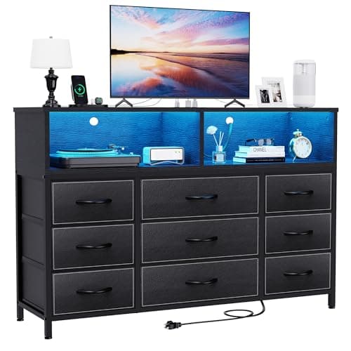 eiskah Black Dresser for Bedroom, 9 Drawers Led Dresser TV Stand with Power Outlets and LED Lights, Long Fabric Dressers Wide Chest of Drawers with Large Organizer for Living Room, Entryway, Hallway