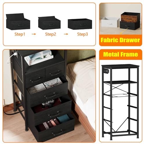 Furnulem Dresser for Bedroom, Tall Nightstand, Vertical Chest with Wood Top, Charging Station, LED Lights, 5 Fabric Bins, Bedside Table with Shelf, Furniture for Entryway (5 Drawer, Black Oak) 6