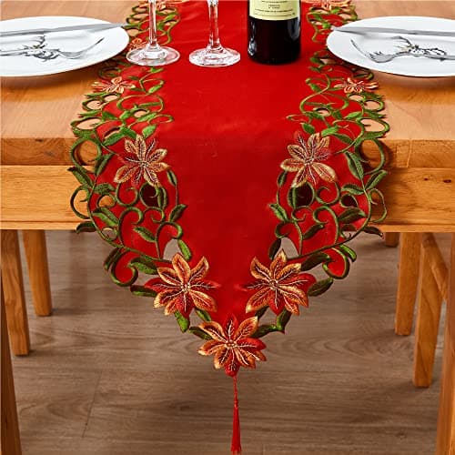AMARED Christmas Embroidered Table Runner Cutwork Green Leaves Holiday Table Linens for Christmas Decorations 15x69 Inch