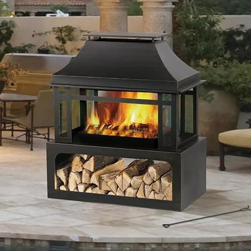 Four Seasons Courtyard Durable Steel Rectangular Freestanding Wood Burning Fireplace with Log Rack and Tool for Outdoor Use, Black/Gold 6