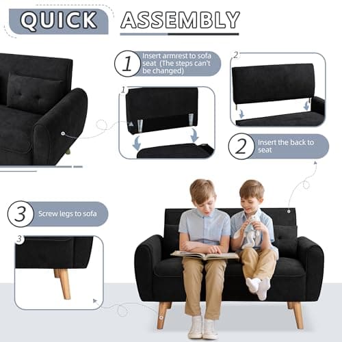 Shintenchi 47" Black Wood Loveseat Sofa, 350 lbs Weight Capacity, Simple Assembly Required 7