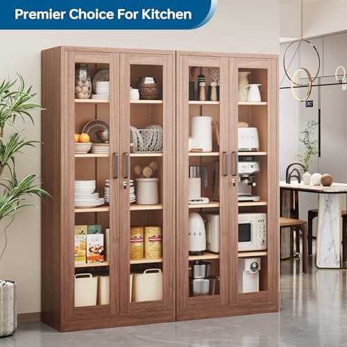 PEUKC Display Cabinet with Glass Doors, 71 Inches Metal Display Case with 4 Adjustable Shelves, Curio Storage Cabinet with Lock for Home, Office, Book, Pantry, Assemble Required (Wood Color) 9