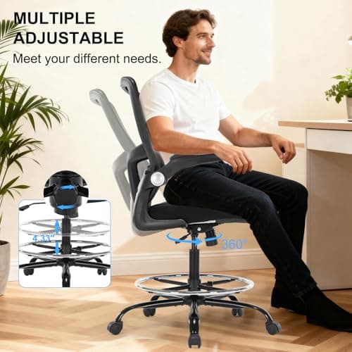 Bondesin Drafting Chair, Ergonomic Tall Office Chair with Lumbar Support Standing Desk Stool with Flip-up Armrests Comfy High Office Desk Chair with Adjustable Foot Ring for Counter Height Desk, Black 6