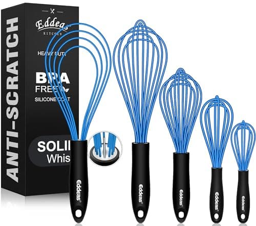 Eddeas Silicone Whisk, Non Scratch Whisk for Cooking, 5+7+9+11in Balloon Whisks, Suitable for Mixing, Blending. 11in Flat Whisks great for Ceramic Coated pans and Wider shallower pots. (Blue)