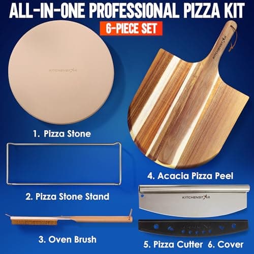 KitchenStar 16-inch Pizza Making Set, 6 PCS - Pizza Stone + Stainless Steel Rack, Acacia Wood Pizza Peel, Pizza Cutter Rocker + Protective Cover, Metal Brush - Oven & Grill Accessories Kit 7