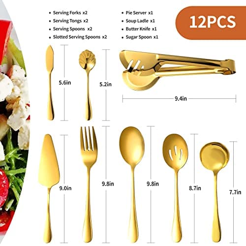 MACIFECI Gold Serving Utensils Set of 12, Stainless Steel Serving Sets with, 9.8''Serving Forks, Slotted Spoons, Tongs, Ladle, Butter Knife, Pie, Serving Utensils in Gold for Parties,Buffet, Wedding 5