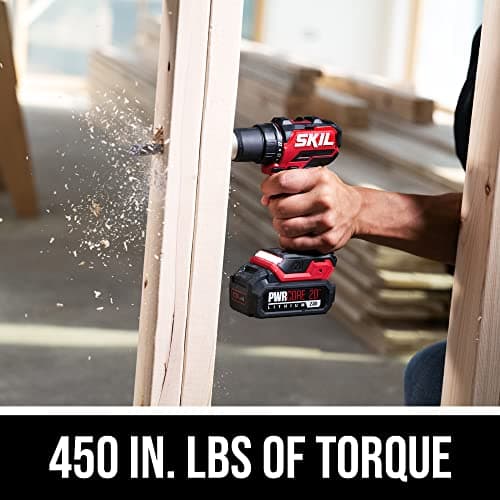 SKIL PWR CORE 20 Brushless 20V 1/2" Compact Variable-Speed Drill Driver Kit with 1/2'' Single-Sleeve, Keyless Ratcheting Chuck & LED Worklight Including 2.0Ah Battery and PWR Jump Charger-DL6293B-10 3