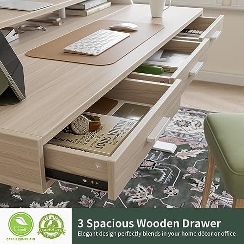 FEZIBO Electric Standing Desk 55x26 Inches with 3 Wood Drawers and Monitor Shelf, Height Adjustable Computer Desk, Ergonomic Rising Home Office Desks, Sit Stand Up Workstation Table, Light Walnut 5