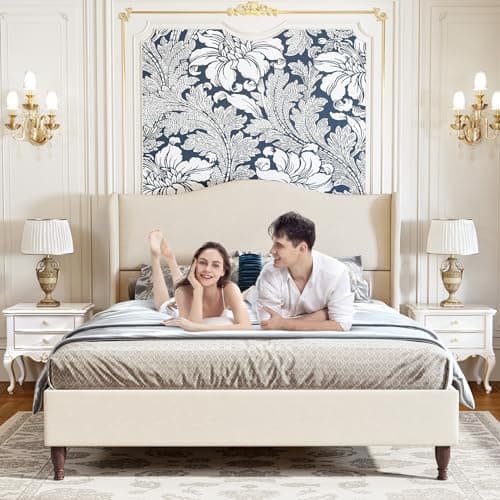 koorlian King Size Bed Frame Upholstered Platform Bed with 51" Tall Headboard Wingback, Soft Fabric, Retro Simple Style Platform Bed No Box Spring Needed, Easy Assembly, Beige 8