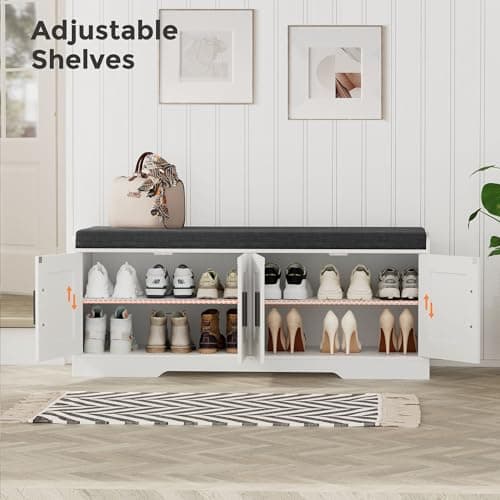 Homleke 2-Tier Storage Bench, Shoe Bench with Thickened Padded Seat Cushion, Entryway Bench with 4 Doors, Adjustable Shelf, 13.8" D x 45.3" W x 18.5" H, for Entryway, Living Room, Bedroom, White 6