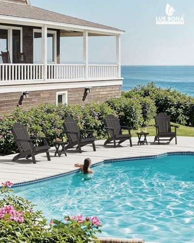 LUE BONA Folding Adirondack Chair, Chairs Set of 4, Cup Holder, Woodgrain, Fire Pit, Patio, Pool, Black 6