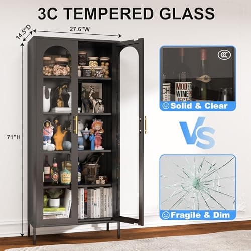 OSEILLC 71" Glass Display Cabinet, Metal Storage with Glass Doors, Curio Cabinet with 4 Adjustable Shelves, 5 Tier Bookshelf & Bookcase with Doors, Black Display Case 5