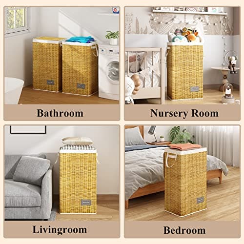 Wisdom Star Full Fabric Laundry Basket with Lid, 100L, Large Laundry Hamper with Handle Removable Bag, Collapsible Clothes Hamper Organize, For Change of Clothes Toys Towels, Wicker Print 5