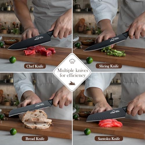 Knife Set, 15 Pieces Kitchen Knife Set with Built in Knife Sharpener Block, Dishwasher Safe, German Stainless Steel Knife Block Set, Elegant Black 7